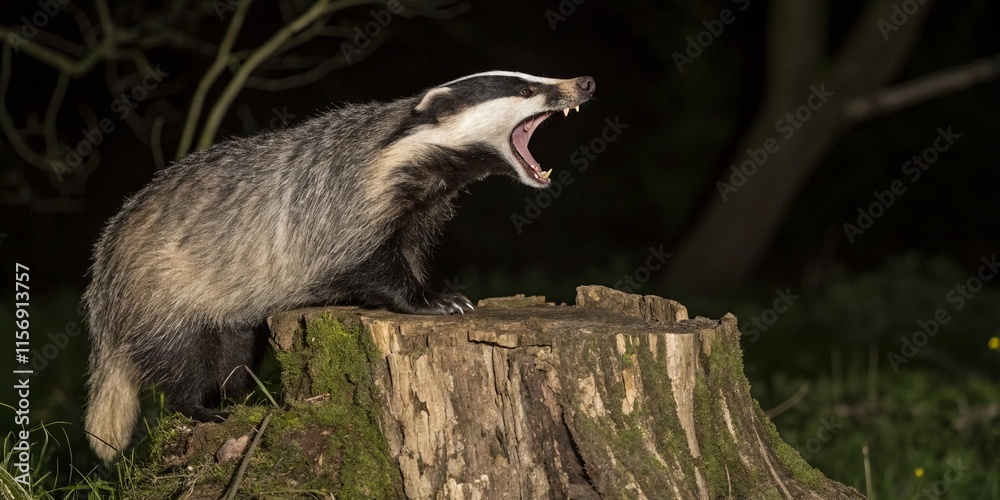Obraz premium European Badger Yawning on Tree Stump - Long Exposure Wildlife Photography
