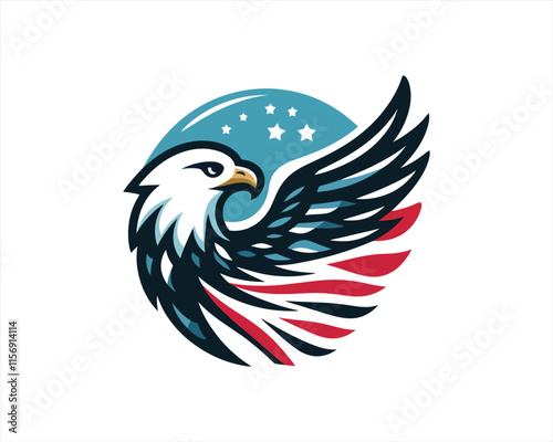 Eagle logo design vector illustration in American flag color. American Eagle icon logo template. 