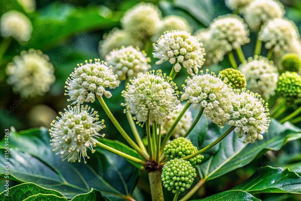 Fatsia Japonica Flowers: Close-Up Candid Photo of Lush Green Foliage and White Flowers Fatsia Japonica Flowers: Close-Up Candid Photo of Lush Green Foliage and White Flowers