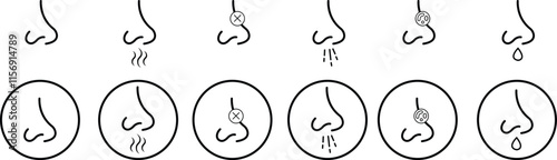 Nose icon set related with nasal. Contains monochrome line vector collection like nasal, smell, organ, breathe, sneeze, sniff and more. Simple outline sign isolated on transparent background.