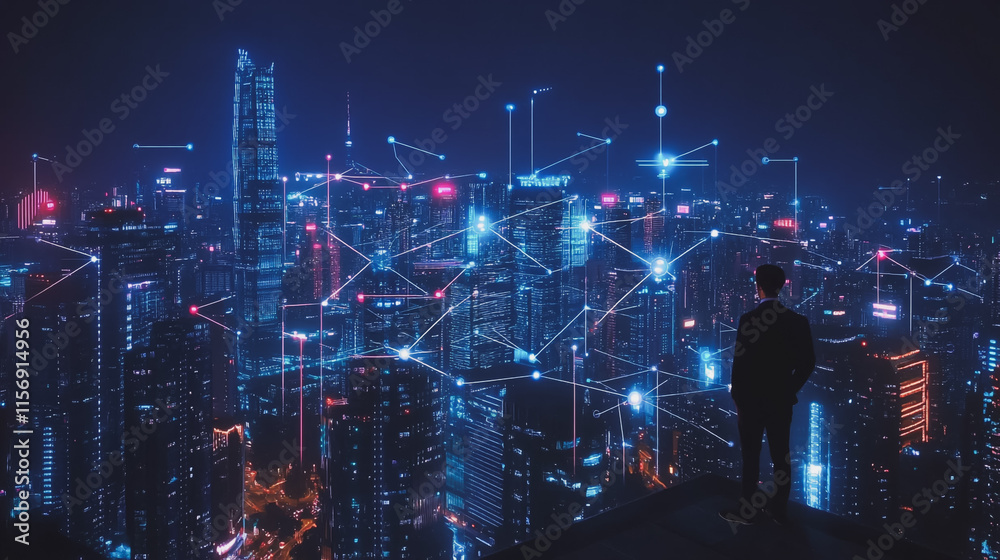Fototapeta premium Smart digital Innovation city with connection network reciprocity over the cityscape. of future smart wireless city and social media networking systems that connects business people with in city