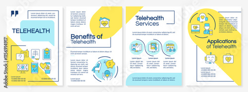Telehealth for patients blue and yellow brochure template. Digital technology in medical services. Leaflet design with linear icons. Editable 4 vector layouts. Questrial, Lato-Regular fonts used