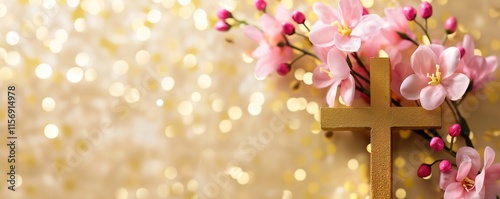 A golden cross adorned with pink flowers, set against a shimmering background, symbolizing faith and renewal. Easter, religious faith, spiritual renewal, divine blessing, spring rebirth, holy week