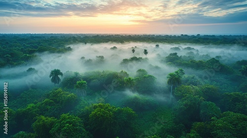 Natural transpiration plant concept Lush forest landscape with fog and a colorful sunrise in the background.