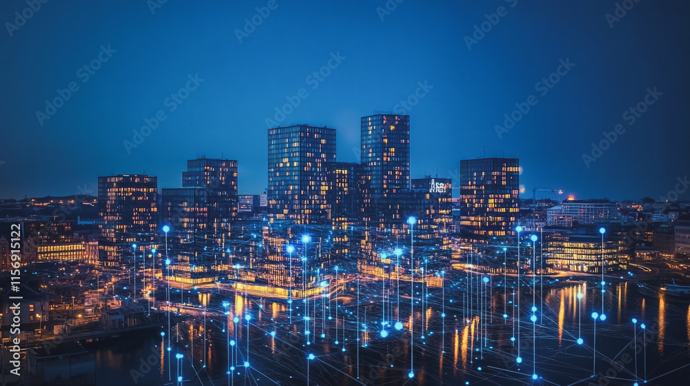 Smart digital Innovation city with connection network reciprocity over the cityscape. of future smart wireless digital city and social media networking systems that connects people with in city Smart digital Innovation city with connection network reciprocity over the cityscape. of future smart wireless digital city and social media networking systems that connects people with in city
