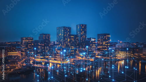 Smart digital Innovation city with connection network reciprocity over the cityscape. of future smart wireless digital city and social media networking systems that connects people with in city