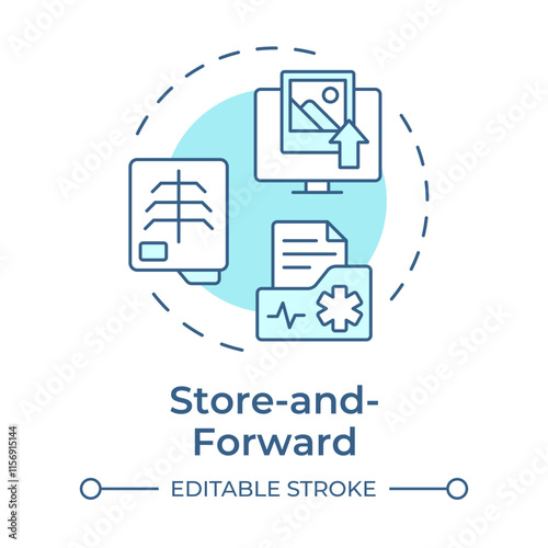 Store and forward soft blue concept icon. Asynchronous telemedicine data collecting. Telehealth treatment. Round shape line illustration. Abstract idea. Graphic design. Easy to use in booklet