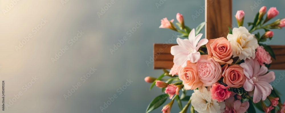 Obraz premium A beautifully arranged cross adorned with colorful flowers against a soft, blurred background, symbolizing faith and renewal.Easter, religious faith, spiritual renewal, divine blessing, spring rebirth