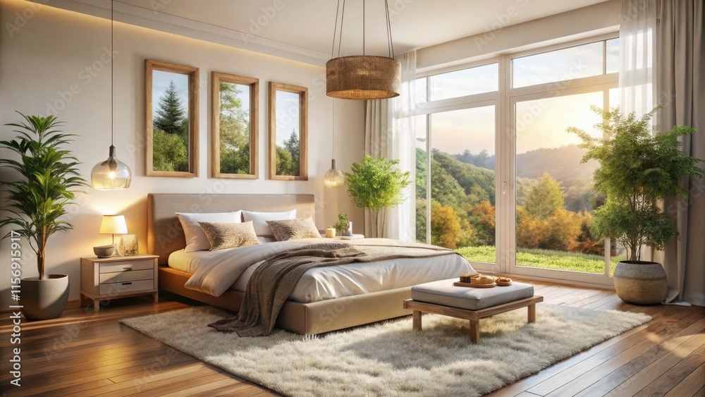 Fototapeta premium Soft light bathes a plush bed in a serene minimalist bedroom, showcasing calm interior design.