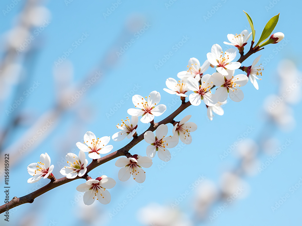 White Branch Blossoms Sway Gently In The Blue Sky On A Serene Spring Morning With Tender Flowers. 00003 White Branch Blossoms Sway Gently In The Blue Sky On A Serene Spring Morning With Tender Flowers. 00003