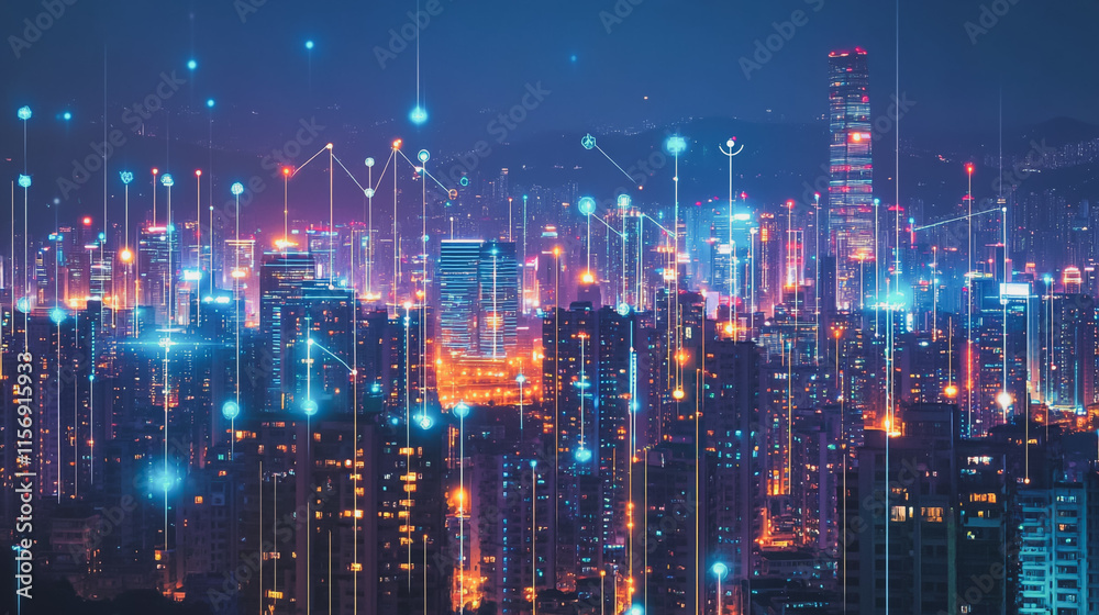 Smart digital Innovation city with connection network reciprocity over the cityscape. of future smart wireless digital city and social media networking systems that connects people with in city Smart digital Innovation city with connection network reciprocity over the cityscape. of future smart wireless digital city and social media networking systems that connects people with in city