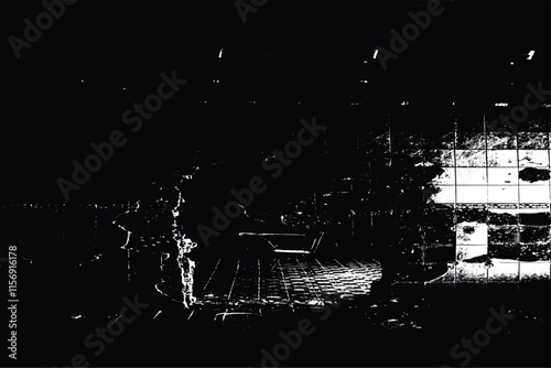 Abstract High-Contrast Grunge Texture of a Ruined Wall and Tiled Floor