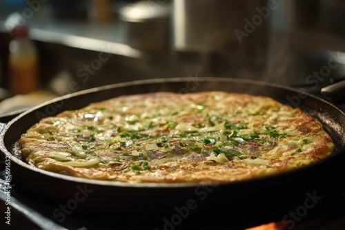 Green Onion Pancake. Korean Seafood Pan Dinner for Munchy Snack photo