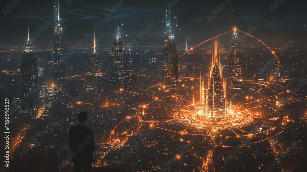 Smart digital Innovation city with connection network reciprocity over the cityscape. of future smart wireless digital city and social media networking systems that connects people with in city Smart digital Innovation city with connection network reciprocity over the cityscape. of future smart wireless digital city and social media networking systems that connects people with in city