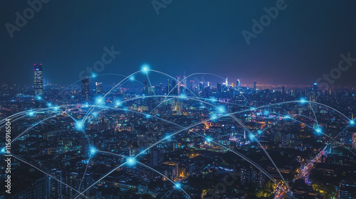 Smart digital Innovation city with connection network reciprocity over the cityscape. of future smart wireless digital city and social media networking systems that connects people with in city