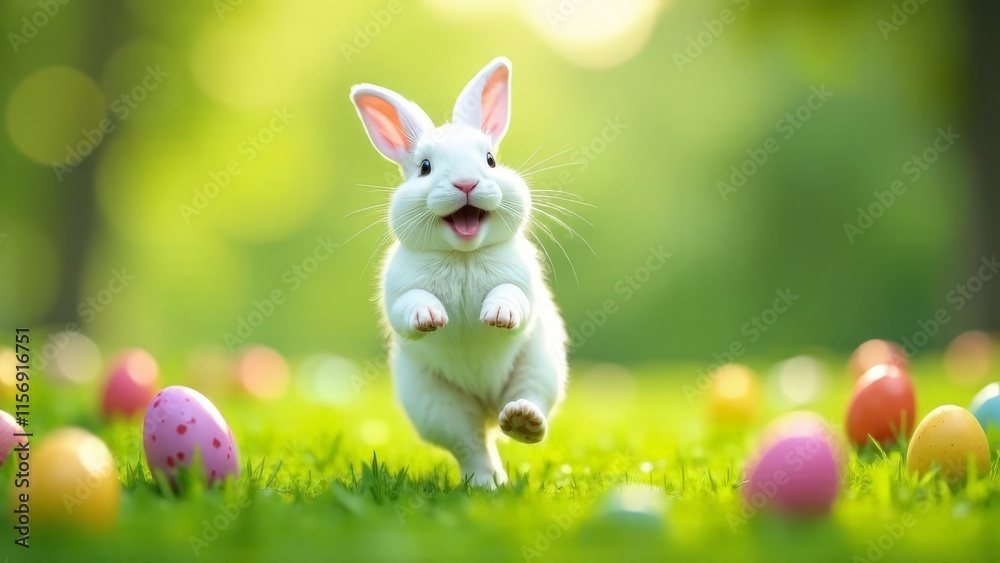 Happy white Easter bunny dancing in the garden with colored eggs. Happy white Easter bunny dancing in the garden with colored eggs.