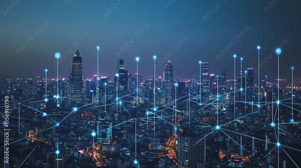 Smart digital Innovation city with connection network reciprocity over the cityscape. of future smart wireless digital city and social media networking systems that connects people with in city Smart digital Innovation city with connection network reciprocity over the cityscape. of future smart wireless digital city and social media networking systems that connects people with in city