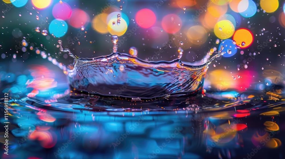 A water splash captured in mid-air with colorful lights casting reflections on the droplets A water splash captured in mid-air with colorful lights casting reflections on the droplets