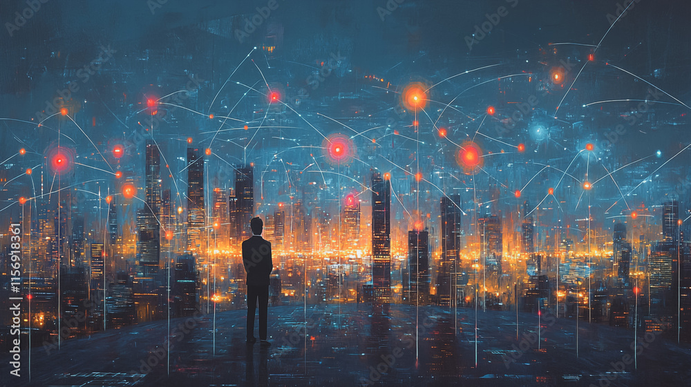 Fototapeta premium Smart digital Innovation city with connection network reciprocity over the cityscape. of future smart wireless digital city and social media networking systems that connects people with in city