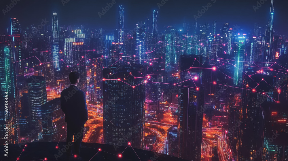 Smart digital Innovation city with connection network reciprocity over the cityscape. of future smart wireless digital city and social media networking systems that connects people with in city Smart digital Innovation city with connection network reciprocity over the cityscape. of future smart wireless digital city and social media networking systems that connects people with in city