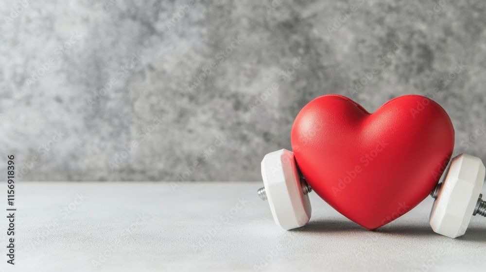 Fototapeta premium A red heart rests between two white dumbbells on a textured surface, symbolizing love and fitness.