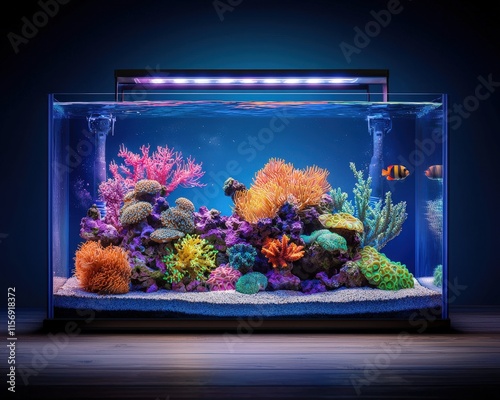 A coral reef illuminated by artificial lights in an aquarium, showcasing every detail. photo