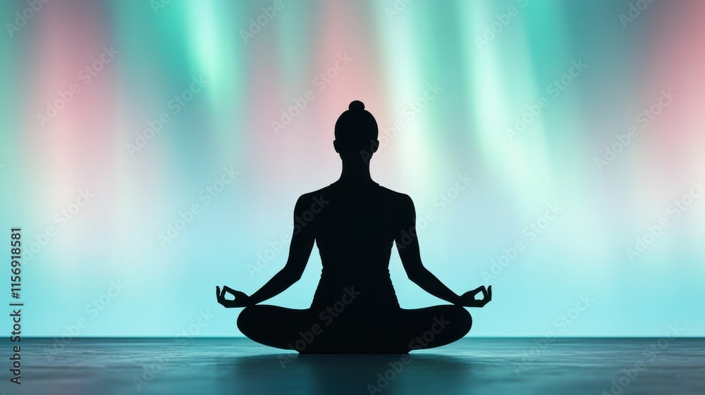 A serene silhouette meditating against a colorful, ethereal backdrop, embodying peace and mindfulness. A serene silhouette meditating against a colorful, ethereal backdrop, embodying peace and mindfulness.