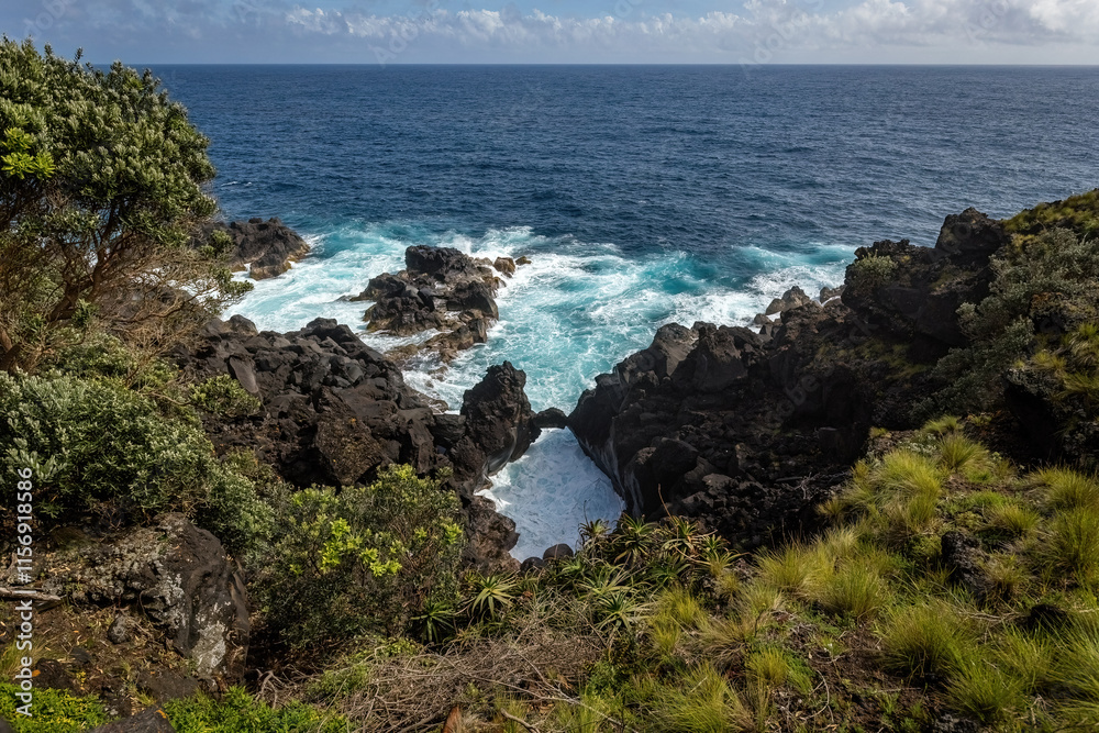 Amazing Atlantic ocean waves and rocks at Pico island Azores Portugal Amazing Atlantic ocean waves and rocks at Pico island Azores Portugal