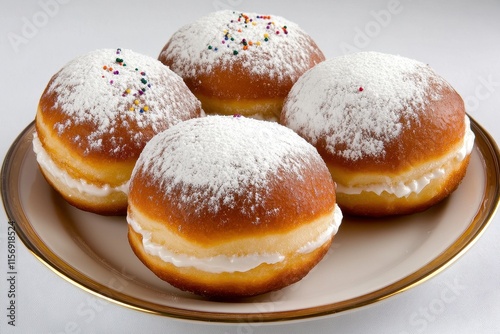 Wallpaper Mural Delicious Sweet Cream-Filled Doughnuts Topped with Powdered Sugar and Colorful Sprinkles on a Decorative Plate Ready for Indulgence and Celebration Torontodigital.ca