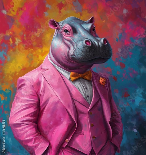 A Dapper Hippo in a Pink Suit Against a Vibrant Abstract Background: A Whimsical Portrait of Elegance and Style photo