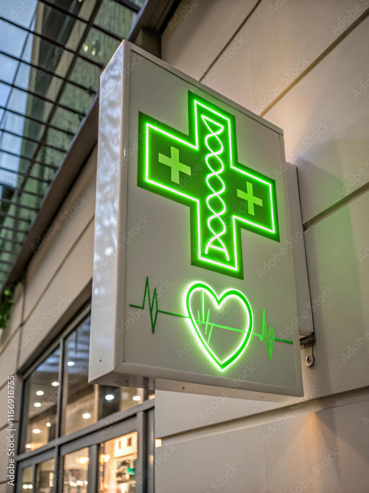 Neon pharmacy sign with medical symbols and heart rate design, glowing green Neon pharmacy sign with medical symbols and heart rate design, glowing green