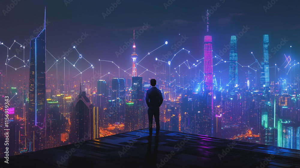 Smart digital Innovation city with connection network reciprocity over the cityscape. of future smart wireless digital city and social media networking systems that connects people with in city Smart digital Innovation city with connection network reciprocity over the cityscape. of future smart wireless digital city and social media networking systems that connects people with in city