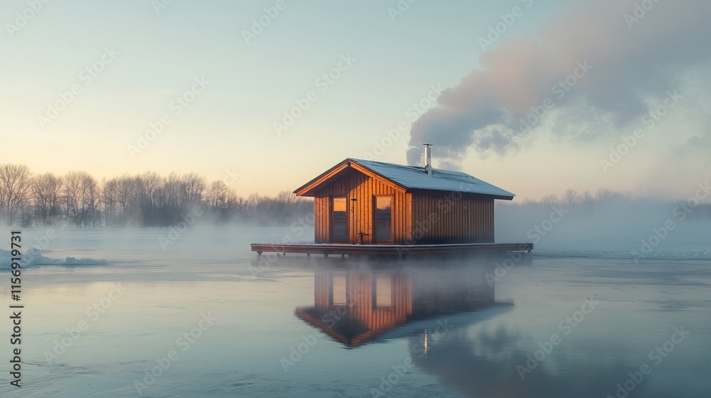 Fototapeta premium sauna by a frozen lake with steam rising from the water