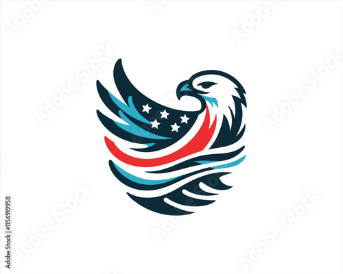 Eagle logo design vector illustration in American flag color. American Eagle icon logo template. 