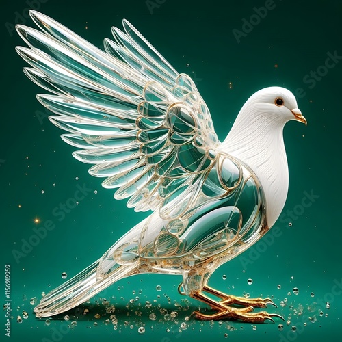 Beautiful glass dove. The dark green background contrasts perfectly with the white and gold tones of the bird. photo