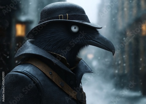 A Raven in a Fedora, Winter Streetscape, Digital Art, Anthropomorphic Bird, Snowy City, Dark Fantasy Illustration photo