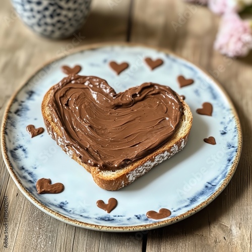 Brot mit herzförmigem Schokoaufstrich auf Teller