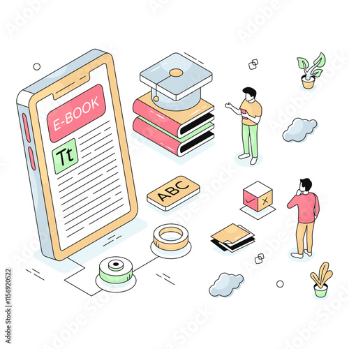 Conceptual isometric design illustration of mobile book