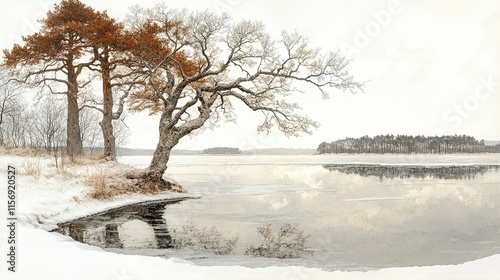 A serene winter landscape featuring trees by a frozen lake under a soft, cloudy sky.