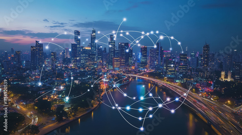 Wallpaper Mural Smart digital Innovation city with connection network reciprocity over the cityscape. of future smart wireless digital city and social media networking systems that connects people with in city Torontodigital.ca