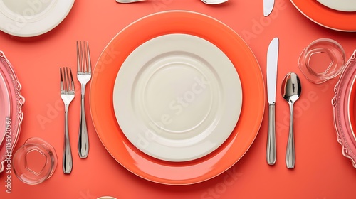 A decorative table setting with beautifully arranged plates and cutlery against a solid background. photo