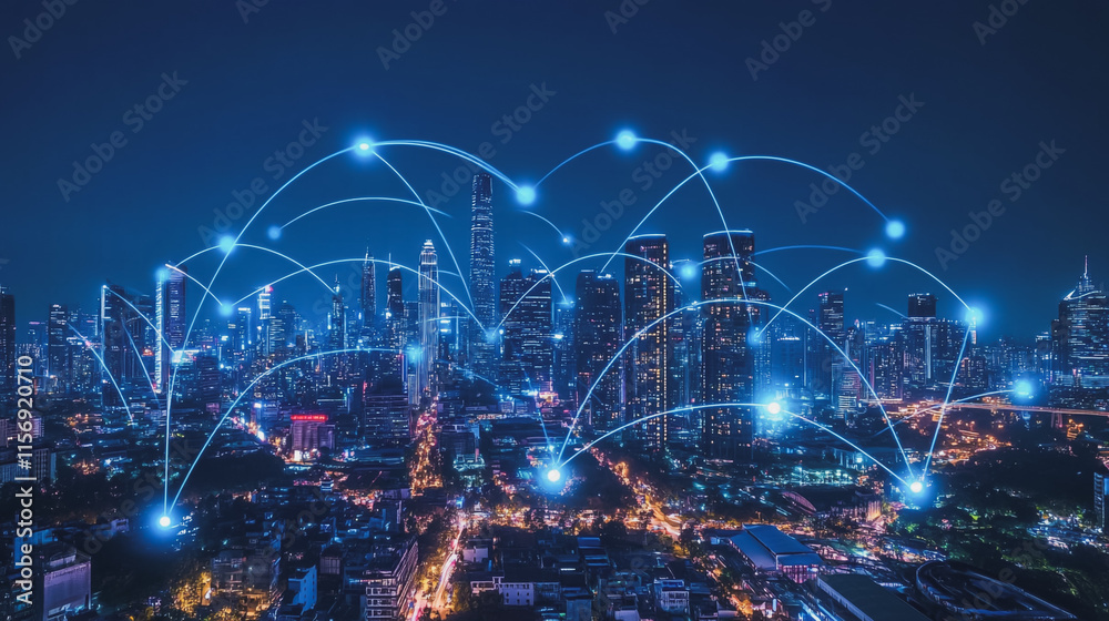 Smart digital Innovation city with connection network reciprocity over the cityscape. of future smart wireless digital city and social media networking systems that connects people with in city Smart digital Innovation city with connection network reciprocity over the cityscape. of future smart wireless digital city and social media networking systems that connects people with in city