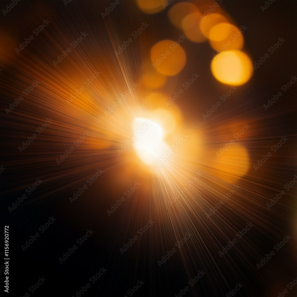 Obraz premium Blurred gold and orange light leaks with retro lens flare and bokeh on black, perfect for vintage photo overlays or cinematic effects.
