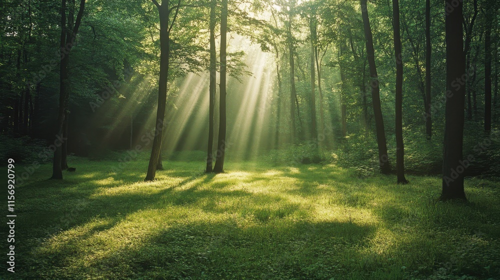 Fototapeta premium A serene forest scene with sunlight filtering through trees onto a grassy floor.