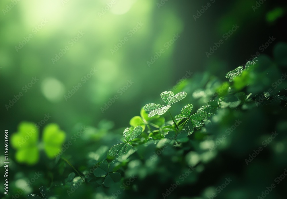 Delicate Clovers with Drops of Dew Glimmering in Gentle Morning Light, Creating a Serene and Refreshing Nature Scene Amidst Lush Greenery in a Forest Setting Delicate Clovers with Drops of Dew Glimmering in Gentle Morning Light, Creating a Serene and Refreshing Nature Scene Amidst Lush Greenery in a Forest Setting