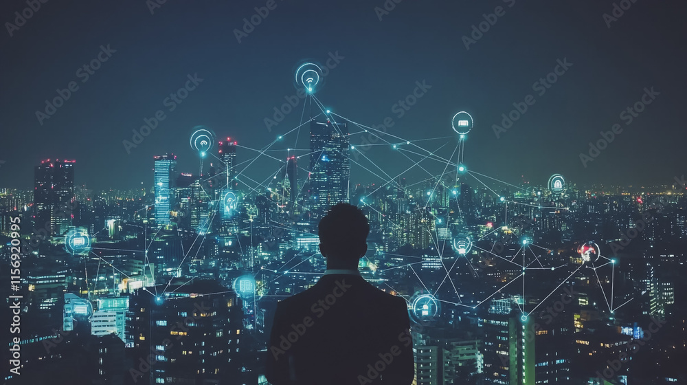 Fototapeta premium Smart digital Innovation city with connection network reciprocity over the cityscape. of future smart wireless digital city and social media networking systems that connects people with in city