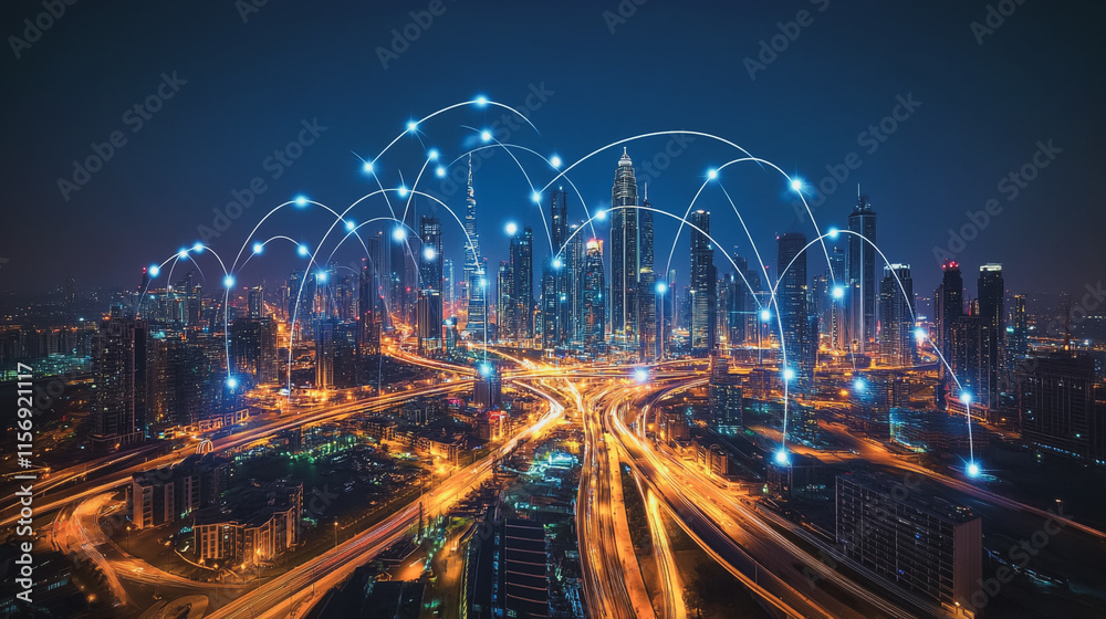 Smart digital Innovation city with connection network reciprocity over the cityscape. of future smart wireless digital city and social media networking systems that connects people with in city Smart digital Innovation city with connection network reciprocity over the cityscape. of future smart wireless digital city and social media networking systems that connects people with in city