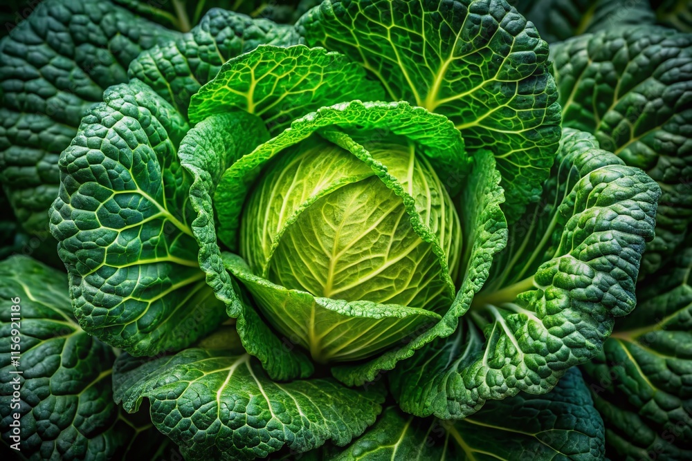 Fototapeta premium Fresh Juicy Cabbage Head, Detailed Macro Portrait Photography