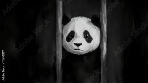 Sad panda bear imprisoned behind bars in dark cage