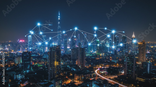 Wallpaper Mural Smart digital Innovation city with connection network reciprocity over the cityscape. of future smart wireless digital city and social media networking systems that connects people with in city Torontodigital.ca